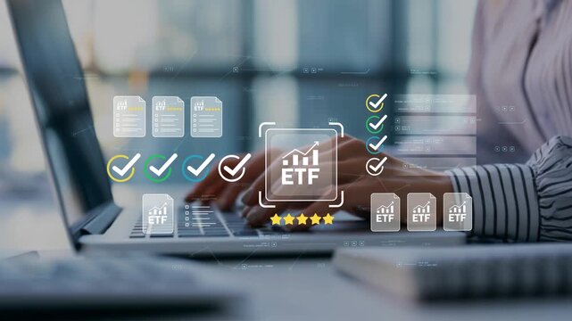 Businesswoman using Investment portfolio review with animated ETF icon, financial documents, compliance verification and digital wealth management dashboard for institutional investing