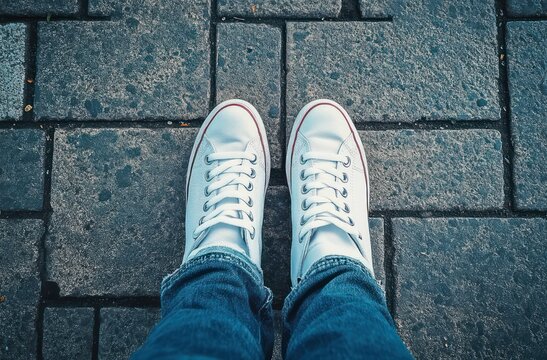 top-down view of white canvas sneakers and blue jeans standing on gray cobblestone pavement, casual relaxed mood