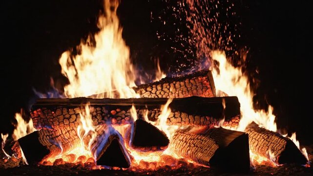 Roaring Bonfire with Burning Logs and Flying Sparks at Night