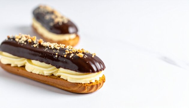 Delicious French chocolate &eacute;clairs filled with rich cream and topped with nuts on white background