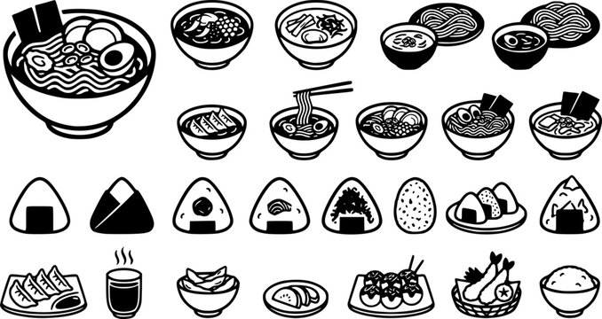 Noodle soup and dumpling bowl collection vector flat icons for oriental restaurant branding.
