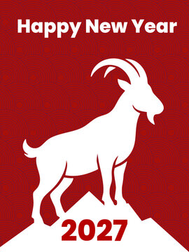 Chinese New Year 2027 Year of the Goat greeting card with white silhouette animal on mountain peak vector illustration