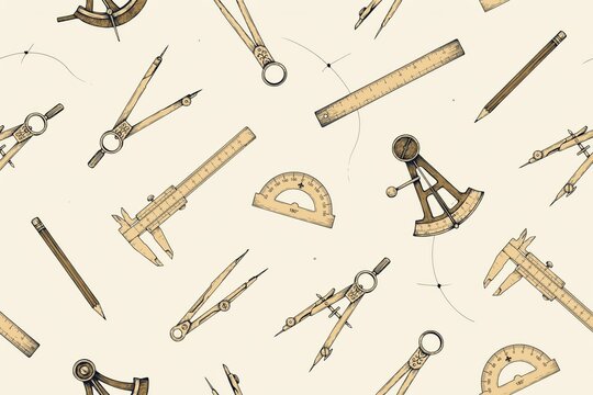 Seamless pattern featuring vintage drafting tools like compasses, rulers, protractors, and pencils on a light beige background, for engineering