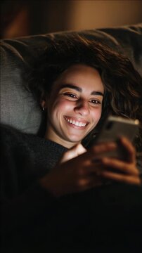 A happy female with dark hair using a smartphone in low light