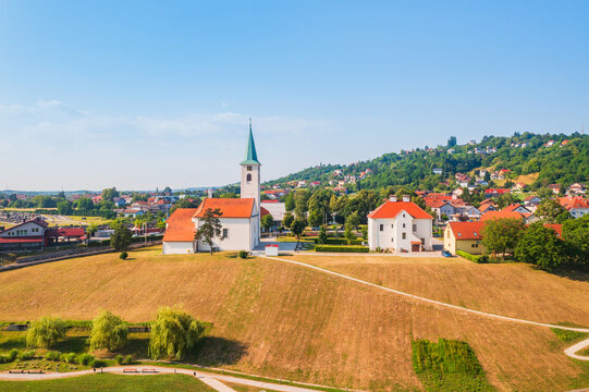 Aerial view of Church of Holy Trinity in town of Sveta Nedelja, Samobor region, Croatia