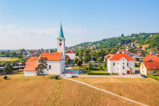 Aerial view of Church of Holy Trinity in town of Sveta Nedelja, Samobor region, Croatia