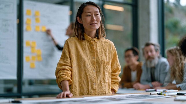 A design thinking facilitator places sticky notes in clusters on a large glass wall covered in diagrams, a mixed-age group of workshop participants leaning forward at a long