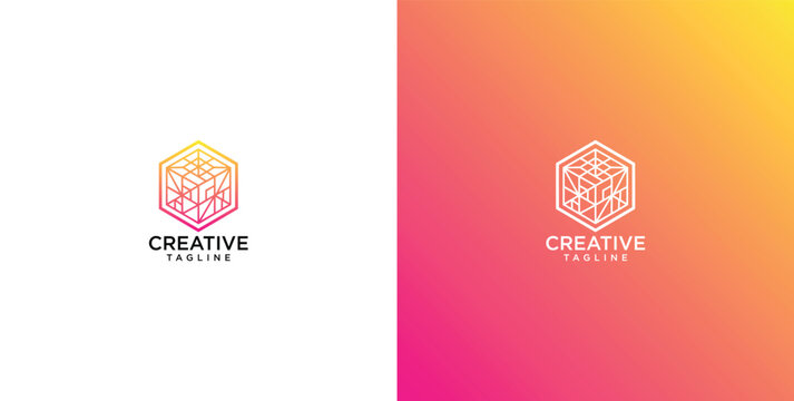 Abstract geometric cube hexagon logo template with network technology line art