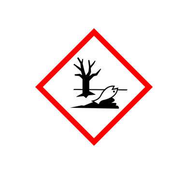 GHS environmental hazard pictogram with dead tree and fish symbol in red diamond. Safety label for aquatic toxicity, chemical safety and environmental protection