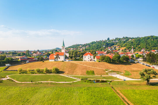 Aerial view of Church of Holy Trinity in town of Sveta Nedelja, Samobor region, Croatia