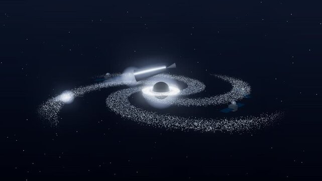 Galactic accretion disk vortex with satellites and spaceships orbiting a black hole, 3D animation seamless loop
