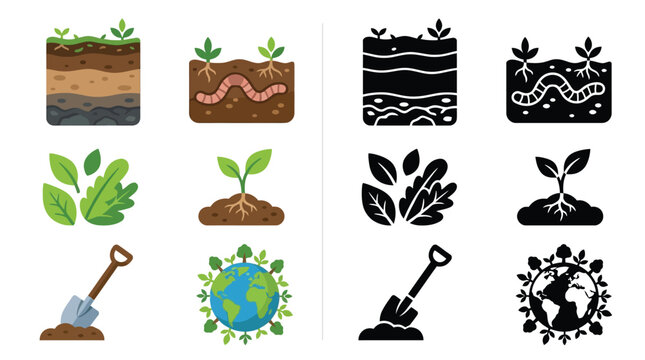 Set of icons representing soil layers, plant growth, earthworms, and gardening tools, in both color and silhouette styles.
