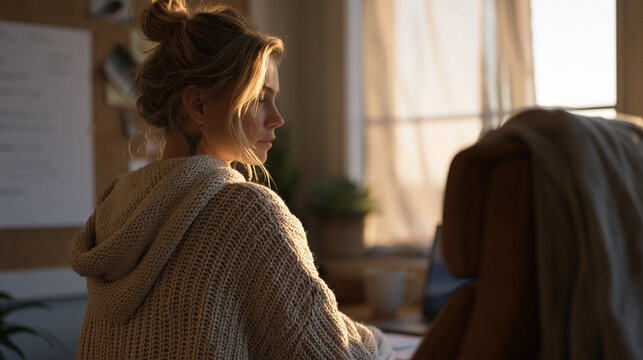An adult managing invisible chronic fatigue carefully plans the week's tasks on a priority energy matrix pinned to a home office corkboard, seated in a supportive chair beside a