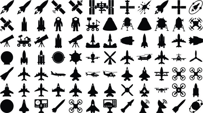 Silhouette Icons of Aerospace Aviation and Space Exploration Technology Vehicles and Equipment