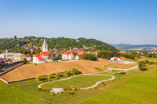 Aerial view of Church of Holy Trinity in town of Sveta Nedelja, Samobor region, Croatia