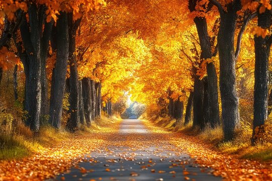 Sunlit tree-lined country road in autumn with golden orange leaves forming a glowing canopy and fallen leaves covering the path, evoking warm peaceful serenity