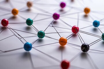 Obraz premium multicolored glossy spheres connected by thin black wires forming an intricate interconnected network, evoking curiosity, collaboration, and dynamic connectivity