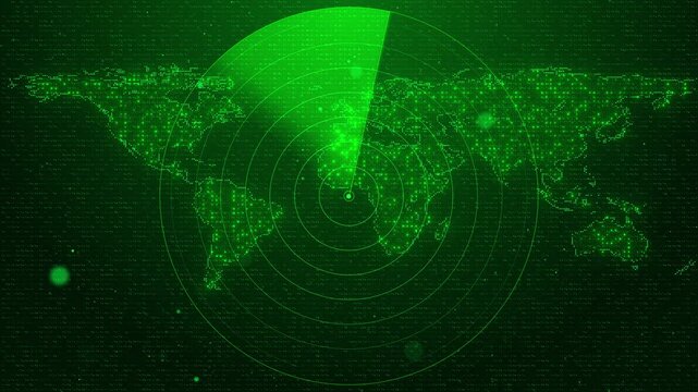 Green surveillance radar map visual with sweeping scan circles, glowing world map dots, and tactical grid depth. Perfect for security dashboards, command videos, and cyber overlays.