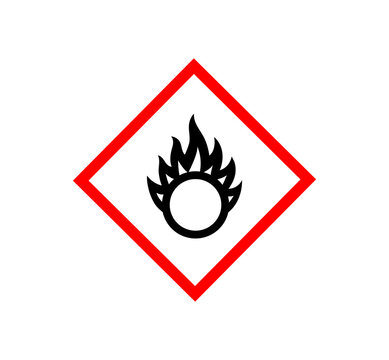 GHS oxidizer pictogram with flame over circle hazard symbol. Chemical safety label for oxidizing substances, fire hazards, OSHA and hazardous materials