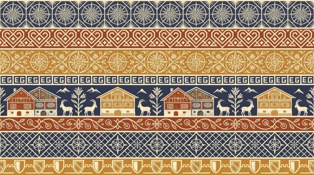 Traditional Textile Pattern With Swiss Chalet Motifs on Navy Background