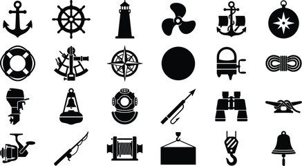 Vector collection of nautical silhouette icons including anchors, ship wheels, lighthouses, compasses, buoys, and diving helmets © Its Butterfly