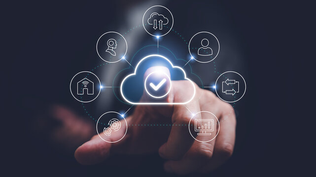 Secure cloud computing concept with cloud storage, data protection, backup, synchronization, cybersecurity, digital infrastructure, cloud services, business technology and secure data management.