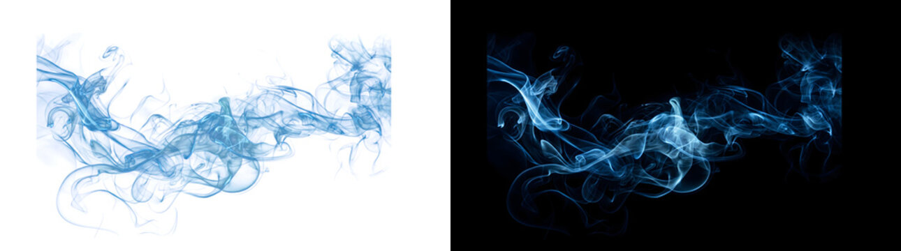 Blue smoke swirl with flowing wisp curl texture and soft trails for cinematic overlays in PNG, Transparent and Black Background Versions