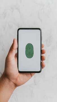Person holding smartphone displaying fingerprint scanner icon for digital biometric identity security access authentication technology