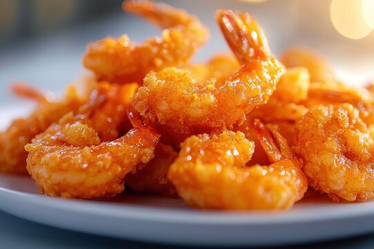 Close-up of golden crispy fried shrimp stacked on a white plate, glazed and crunchy, mouthwatering savory appetizer with warm bokeh lights in the background