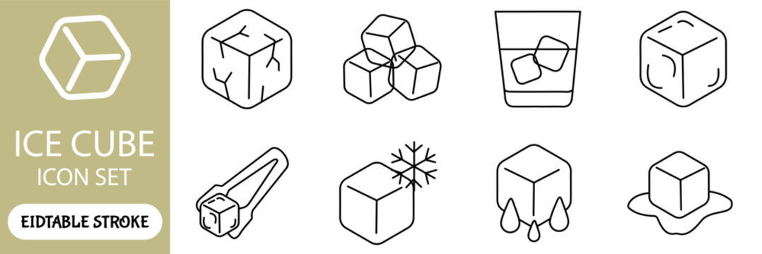 Minimalist ice cube icon set with editable stroke. Linear frozen water symbols for drinks and cooling. 8 vector line icons for bar menus.