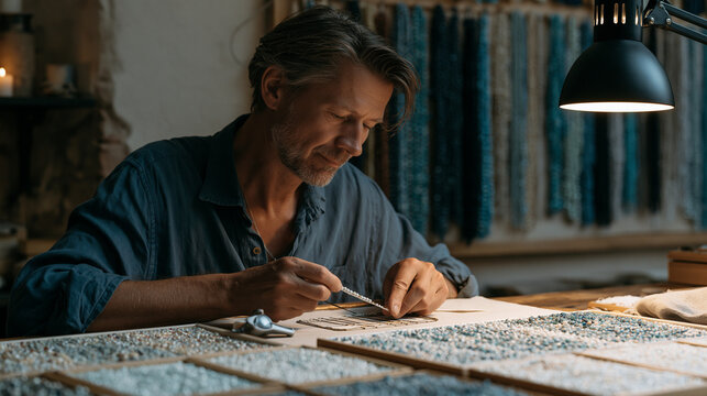 A Czech glass bead artisan threads tiny handmade spheres onto a wire jig at a workbench covered in trays of sorted sizes, a jeweler's loupe set aside as the pattern takes shape