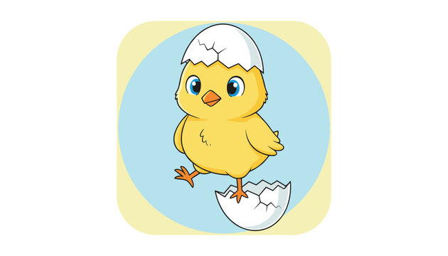 Adorable little baby chick hatching from a white cracked eggshell inside a soft yellow and blue rounded square icon.