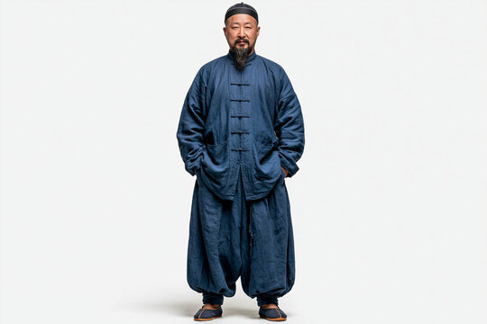 Chinese Man in Traditional Changshan Full Body Isolated on White Background