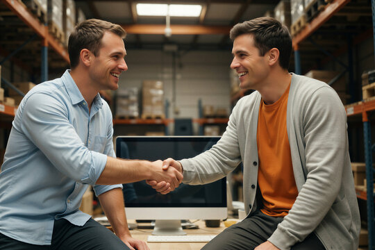 Two smiling men shake hands in a warehouse, symbolizing startup team success and e-commerce growth.