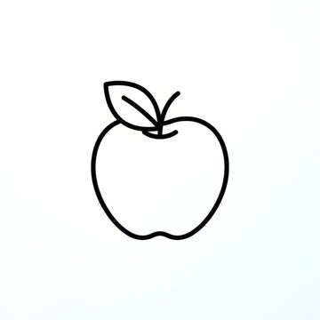 Simple black and white line drawing of a fresh apple with leaf.