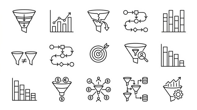 Collection of various isolated icons representing data charts and infographics elements.