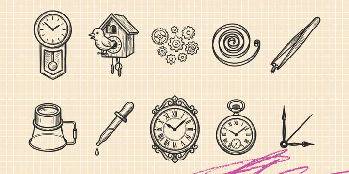 Hand drawn vintage black ink scribble doodle vector set of clocks time management and history icons for creative graphic design