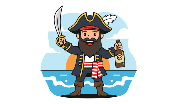 Happy bearded pirate captain holding a cutlass sword and a rum bottle on the beach during a beautiful sunset.