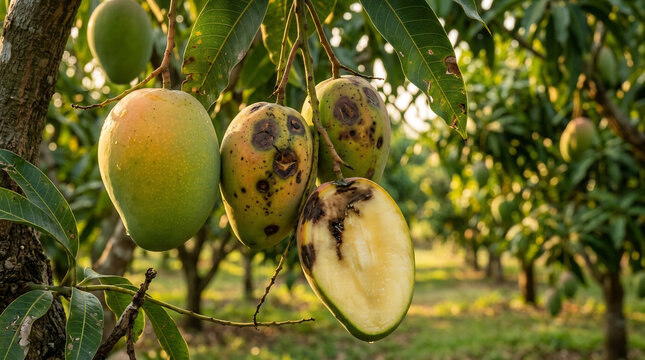 Mangoes with visible dark spots hang from a leafy tree branch in a sunlit orchard during the harvest season, illustrating the natural process of fruit ripening and minor environmental decay in.