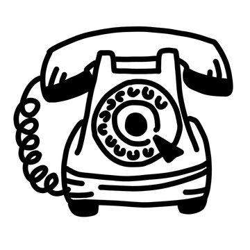 Grungy retro phone doodle, sketchy line art on black.