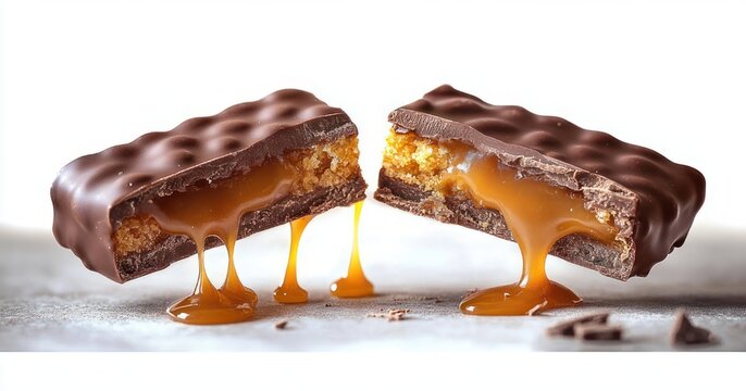 Close-up of a chocolate candy bar split in two with gooey caramel and crunchy biscuit oozing, tempting and indulgent