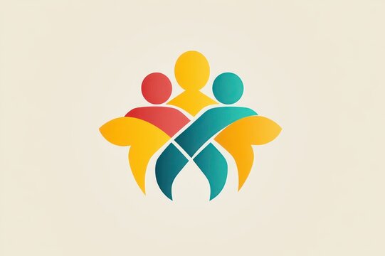 Three colorful abstract human figures joined in an embrace forming a unified multicolor emblem conveying warmth, support, teamwork and togetherness
