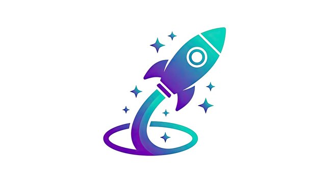 Rocket launch logo with vibrant purple and blue gradient.
