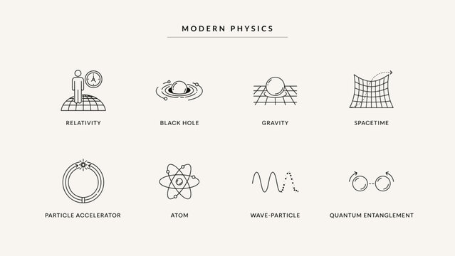 Spacetime gravity and modern physics icons - Great for astronomy newsletters, scientific research sites, or tech apps.