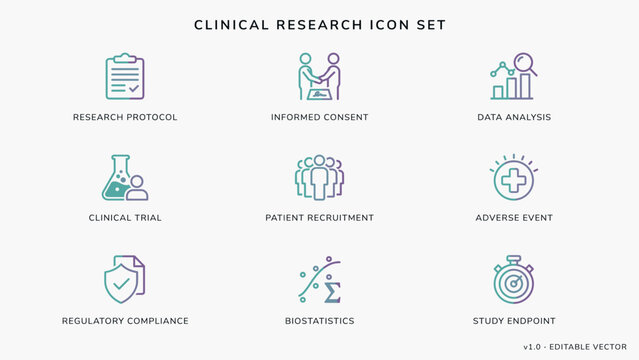 Informed consent and clinical research line icons - Great for healthcare compliance, medical databases, or research apps.