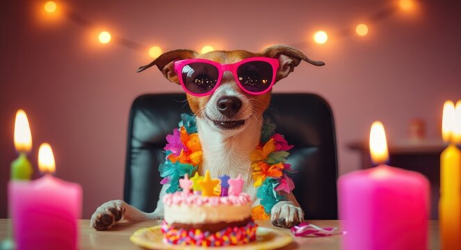 small dog wearing a colorful flower lei sitting at a table with a decorated birthday cake and lit candles, surrounded by string lights and a joyful festive atmosphere