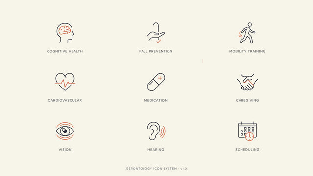 Gerontology and cognitive health icons &ndash; Great for fall prevention programs, memory care blogs, or mobility training tools.