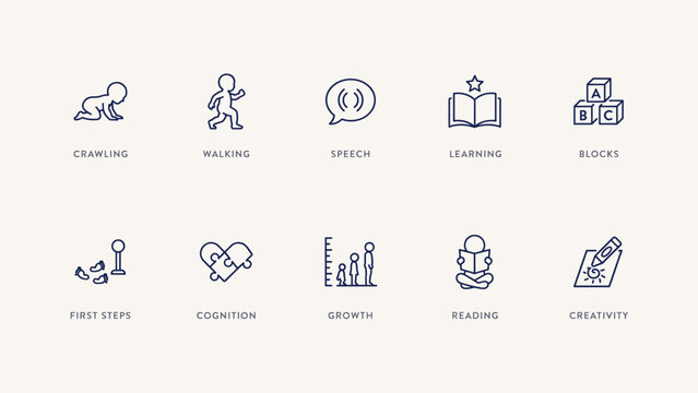 Child development milestones outline icons &ndash; Great for speech therapy flyers, early learning blogs, or parenting guides.