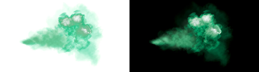 Green smoke cloud with billowing fog burst texture and soft trails for cinematic overlays in PNG, Transparent and Black Background Versions © Crafter