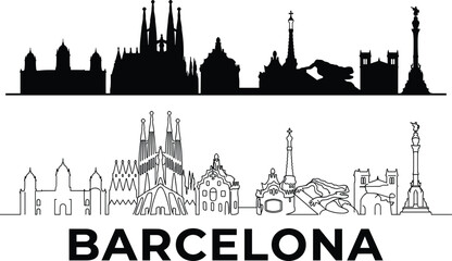 Fototapeta premium Barcelona Skyline Silhouette and Outline Vector with Famous Spanish Landmarks Illustration